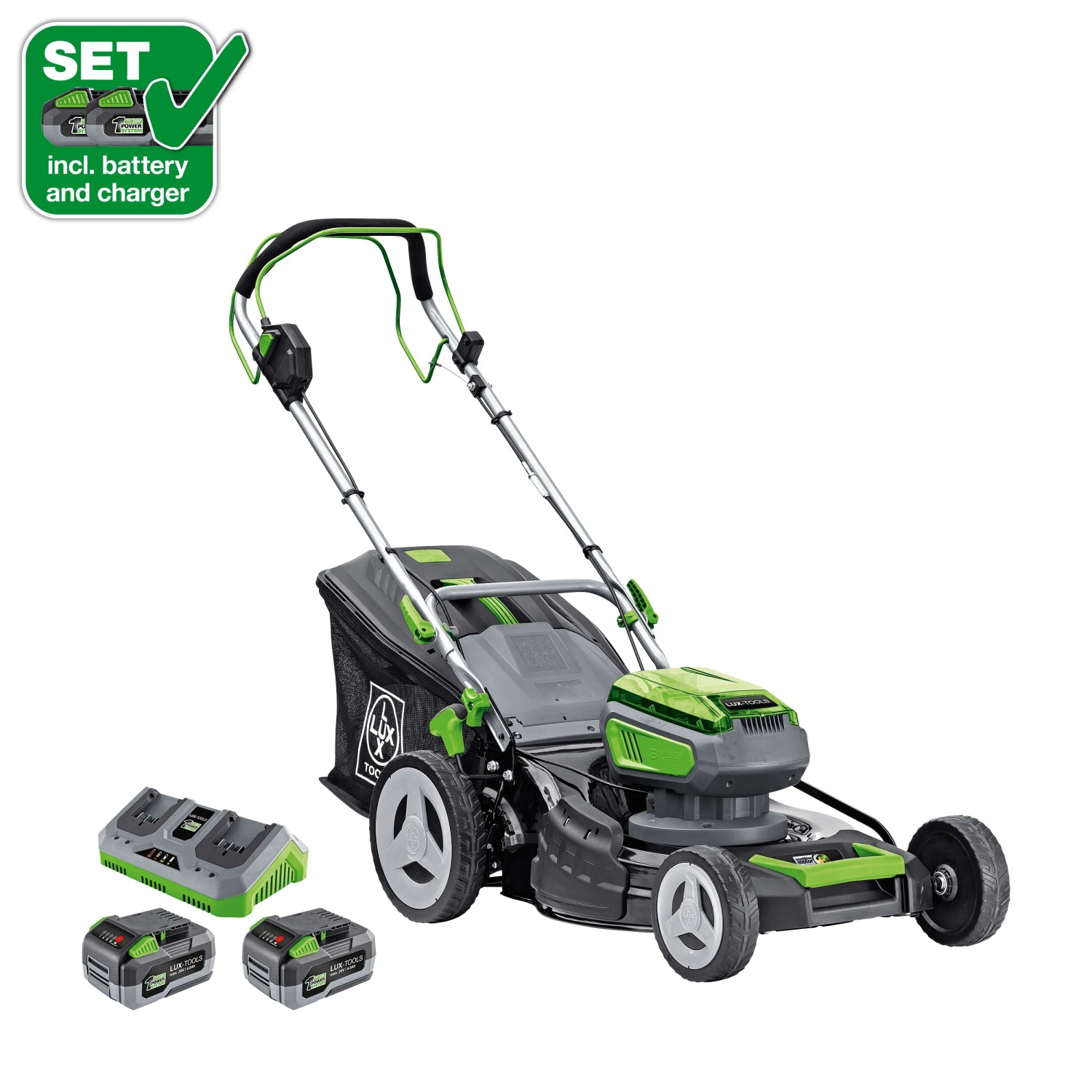 LUX-TOOLS 40V Akku-Rasenmäher 1 PowerSystem A-RM-2x 20/46 Set 2x 20V Akkus