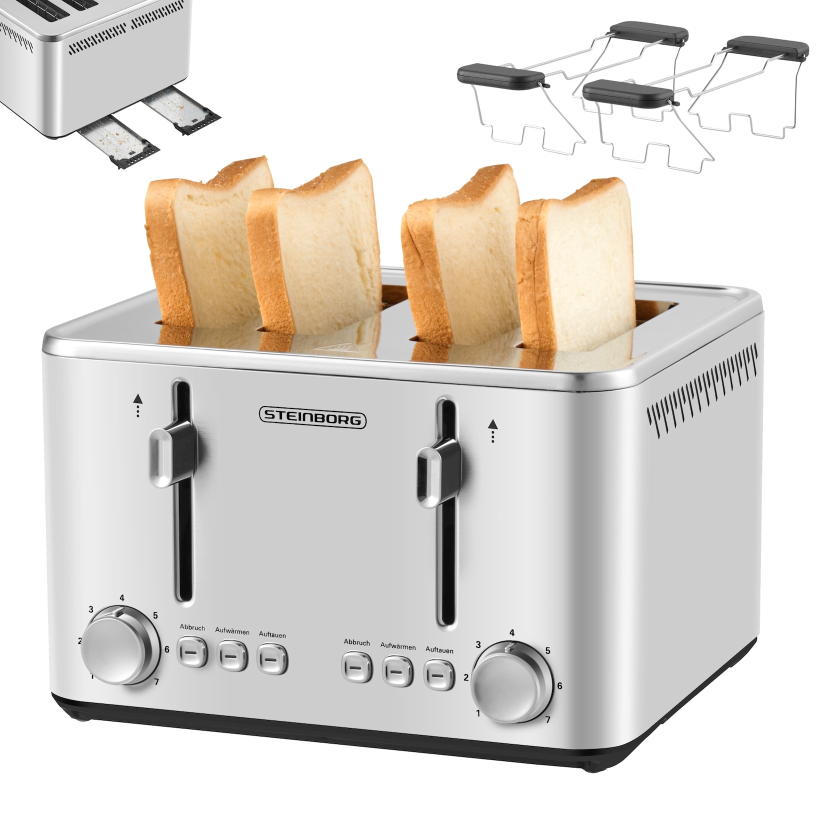 Steinborg 4 Scheiben Edelstahl Toaster mit Brötchenaufsatz 1900W