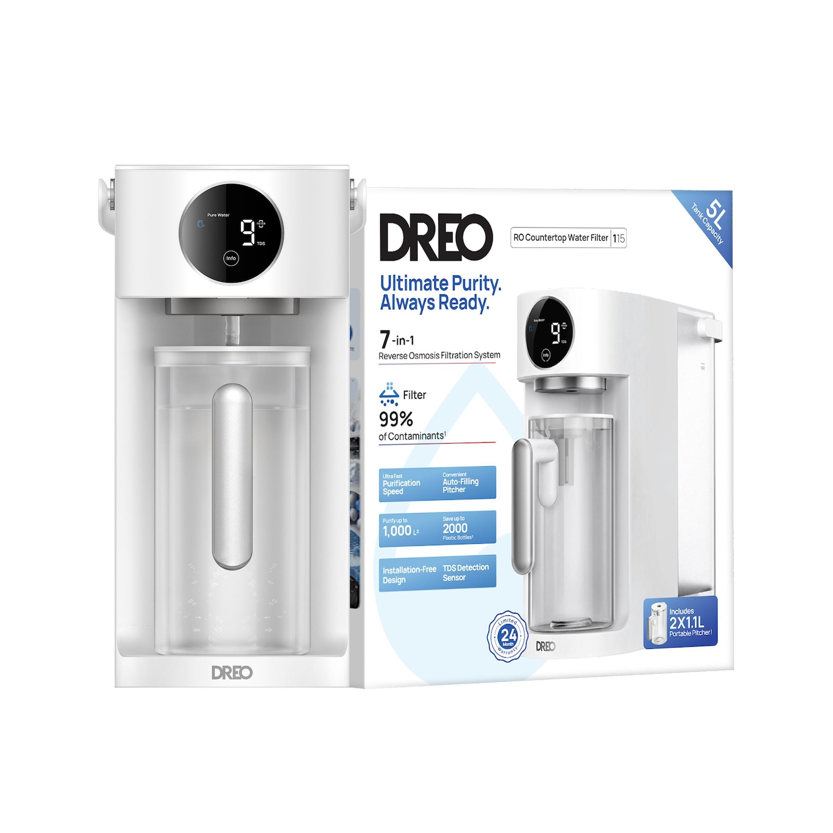 DREO RO Water Filter 7-in-1, TDS Display, Self-Cleaning Wasserfilter