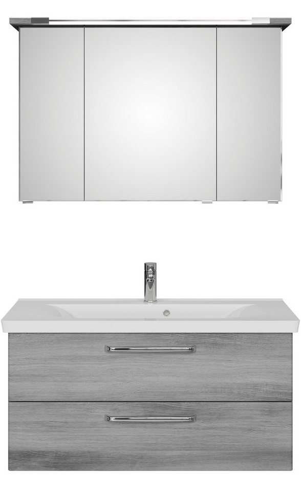 Saphir Badmöbel-Set Trentino 2-tlg Mineralmarmor-Waschtisch, Spiegelschrank mit LED-Profil, (3-St), Badmöbel-Set 110cm breit, inkl. Türdämpfer, 3 Türen, 2 Auszügen