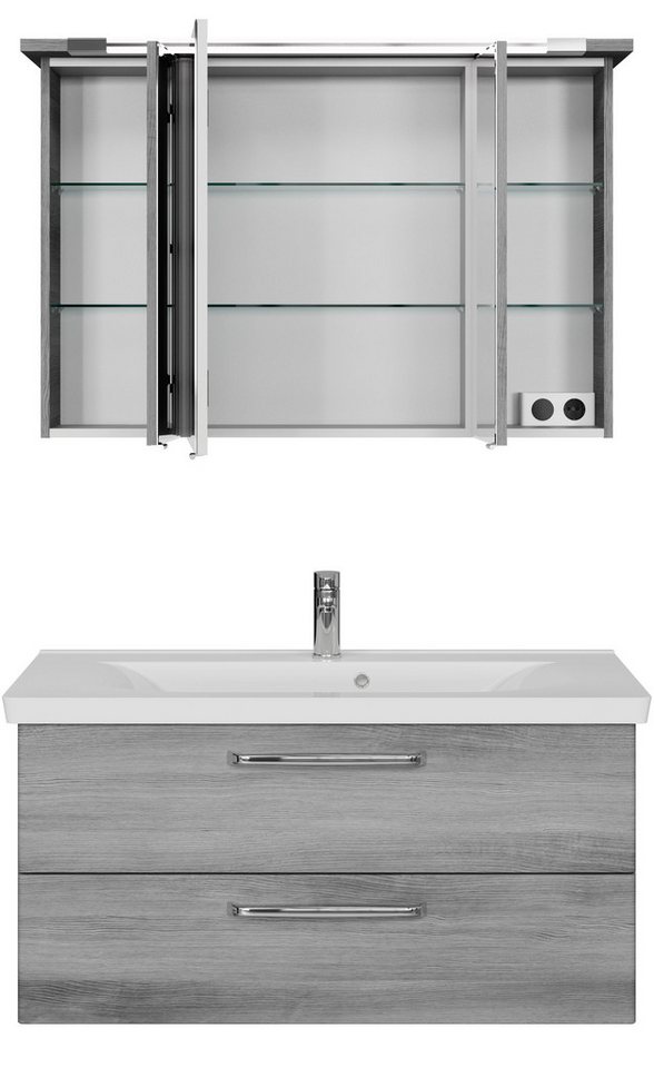 Saphir Badmöbel-Set Trentino 2-tlg Mineralmarmor-Waschtisch, Spiegelschrank mit LED-Profil, (3-St), Badmöbel-Set 110cm breit, inkl. Türdämpfer, 3 Türen, 2 Auszügen Bild 2