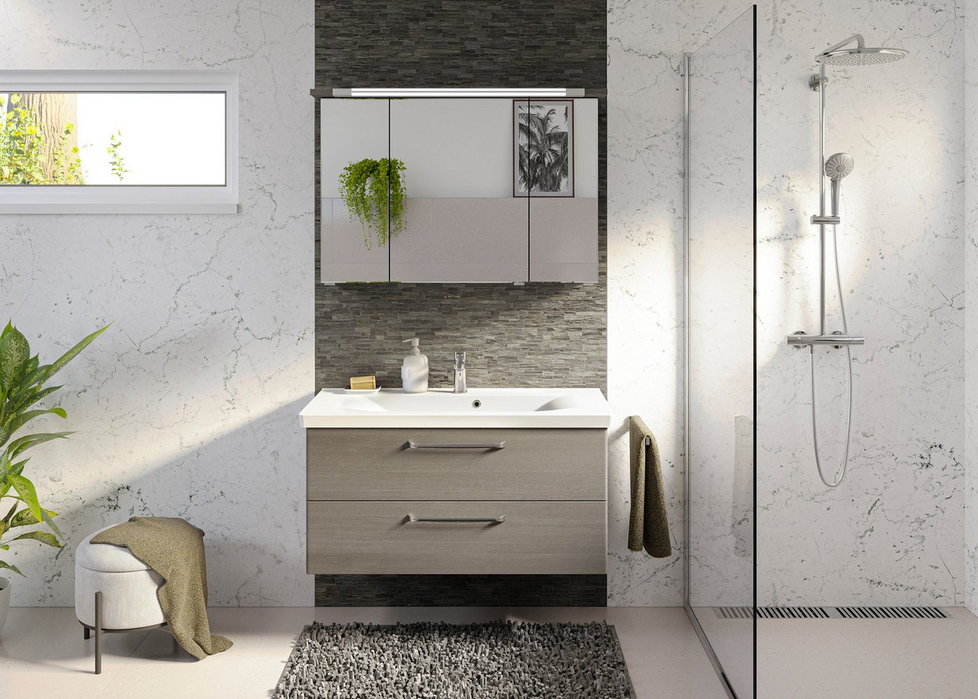 Saphir Badmöbel-Set Trentino 2-tlg Mineralmarmor-Waschtisch, Spiegelschrank mit LED-Profil, (3-St), Badmöbel-Set 110cm breit, inkl. Türdämpfer, 3 Türen, 2 Auszügen Bild 3