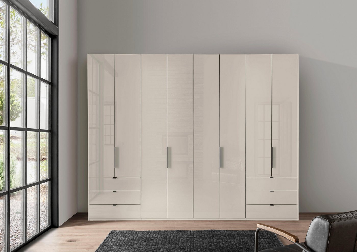 WIEMANN Falttürenschrank Ohio, Kleiderschrank, Schrank, Garderobe, mit Schubladen, 300 cm (inklusive Einlegeböden & Kleiderstangen, 2 Höhen, MADE IN GERMANY) inklusive Tür und Schubkastendämpfung, hochwertige Glasfront Bild 2