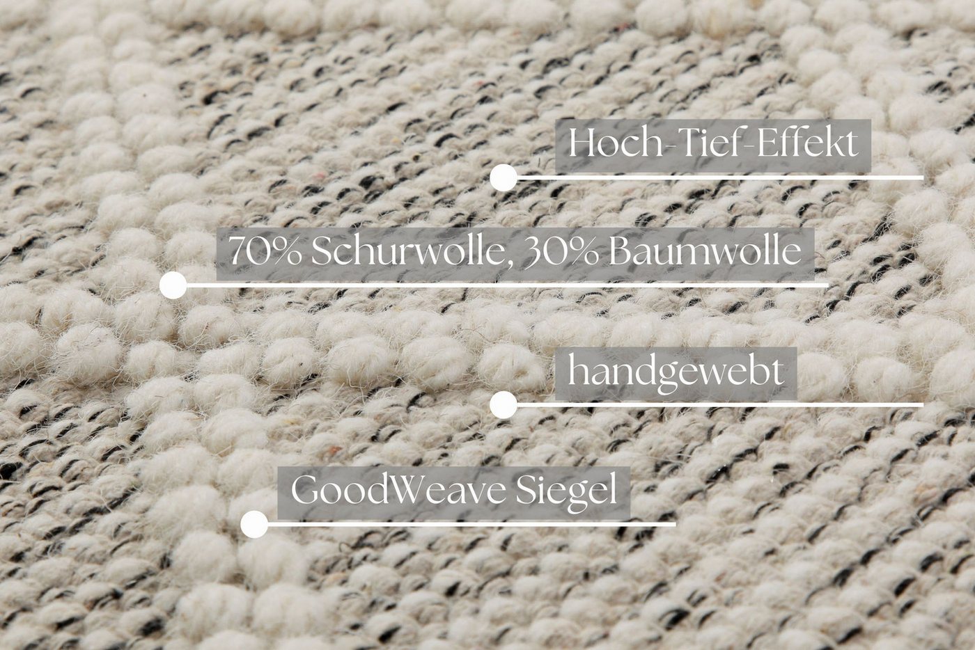 OTTO home Teppich Jeppe, rechteckig, Höhe: 8 mm, 70% Wolle, handgewebt, Raute, Hoch-Tief, Wohnzimmer, Naturfaser