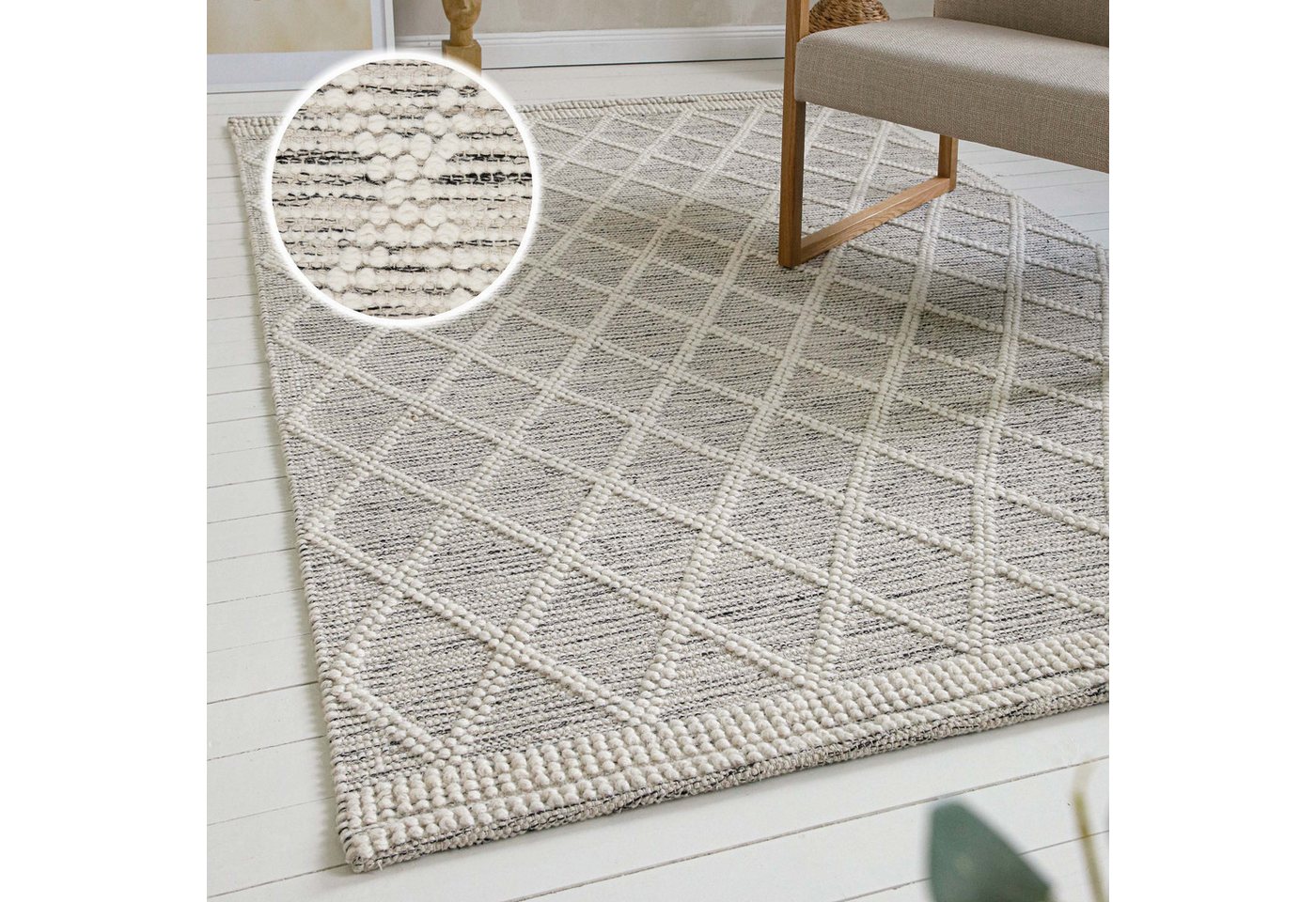 OTTO home Teppich Jeppe, rechteckig, Höhe: 8 mm, 70% Wolle, handgewebt, Raute, Hoch-Tief, Wohnzimmer, Naturfaser Bild 4