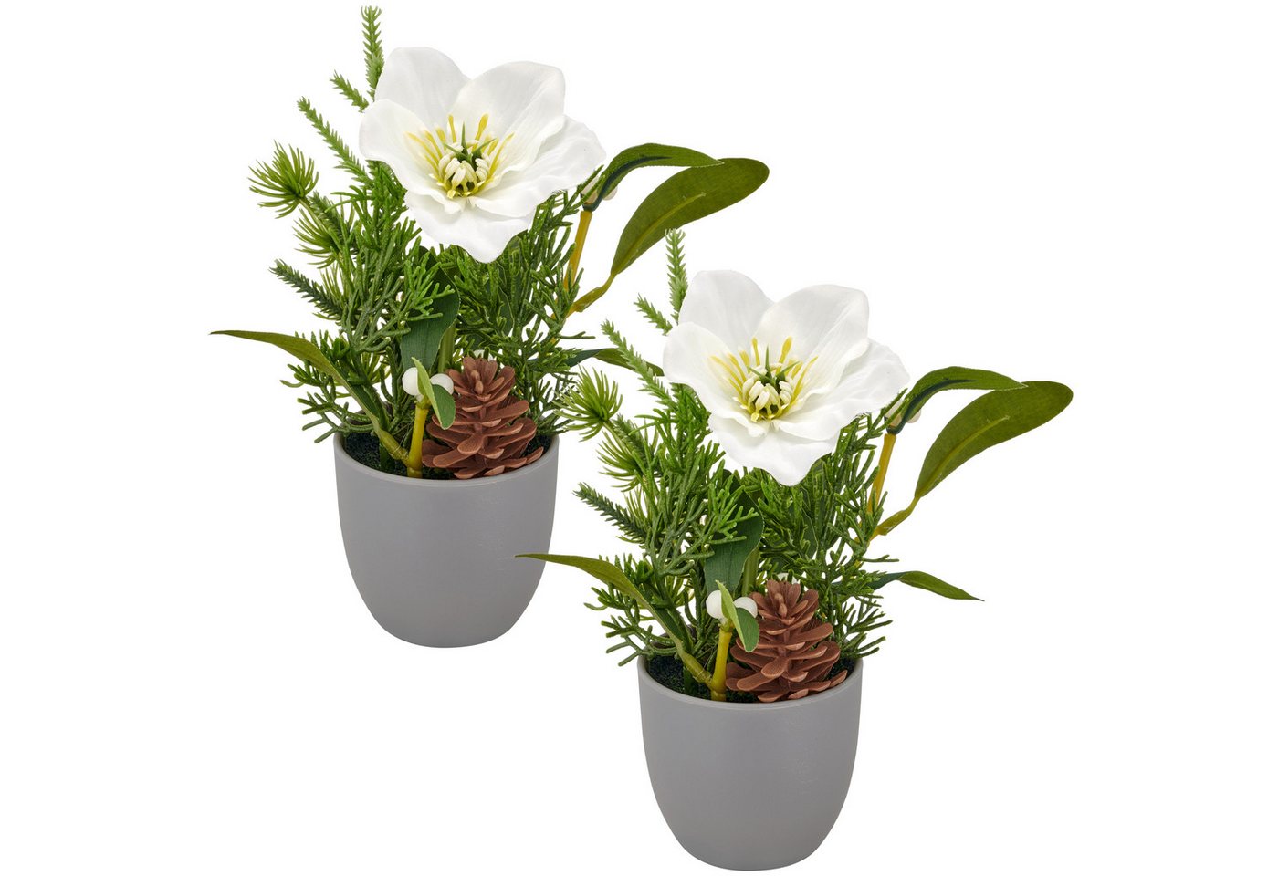 Winterliche Kunstpflanze Arrangement mit Christrose, Creativ green, Höhe 18 cm, mit Tannenzweigen und Zapfen