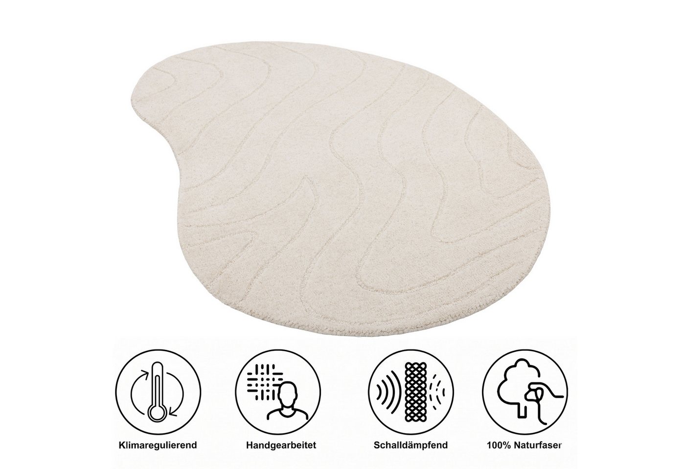 LeGer Home by Lena Gercke Wollteppich Zarrah, mit Wellendesign, besondere Form, organisch, oval, Höhe: 14 mm, reine Wolle, modern, Scandi, Schlafzimmer, Wohnzimmer, Esszimmer