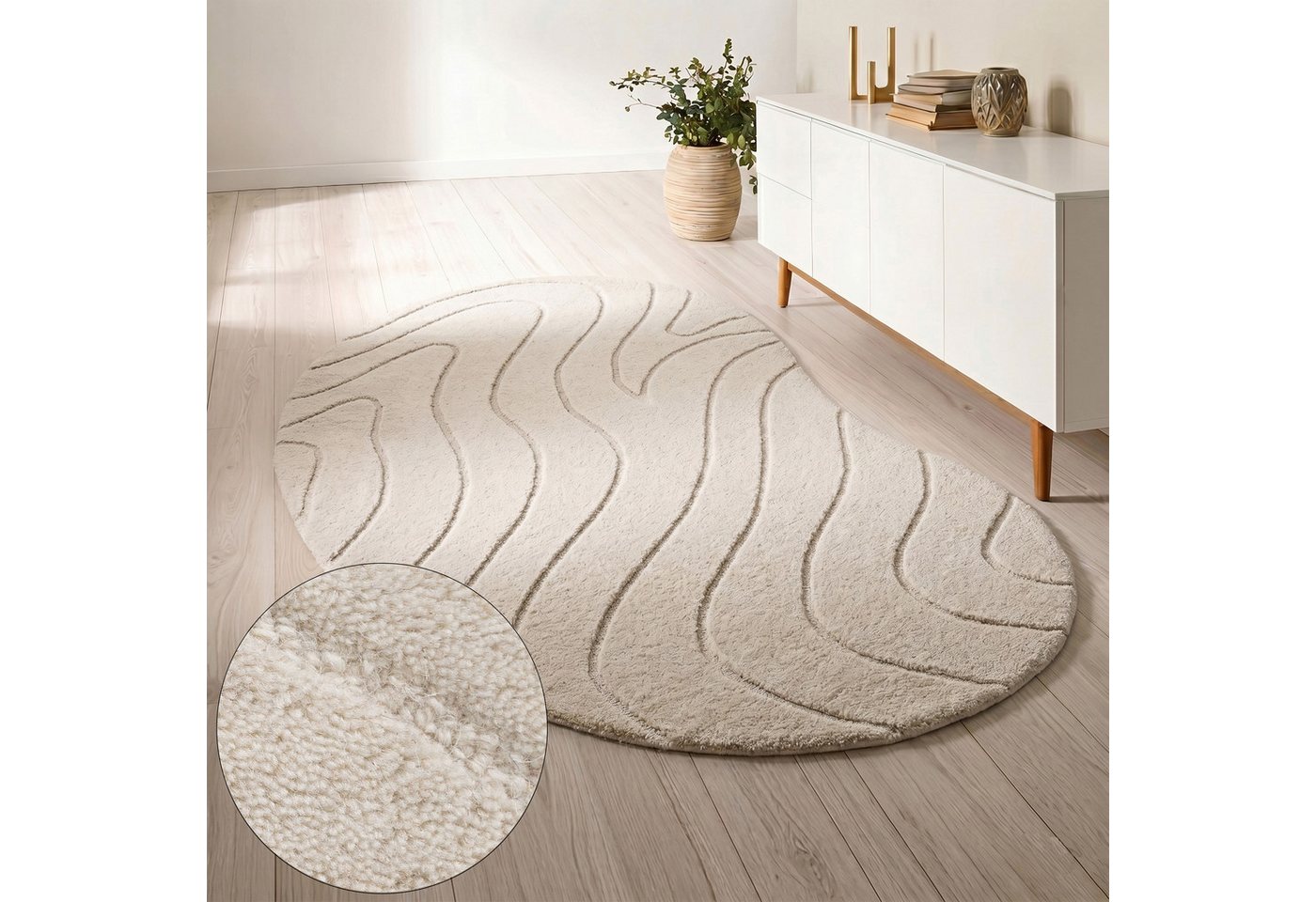 LeGer Home by Lena Gercke Wollteppich Zarrah, mit Wellendesign, besondere Form, organisch, oval, Höhe: 14 mm, reine Wolle, modern, Scandi, Schlafzimmer, Wohnzimmer, Esszimmer Bild 2