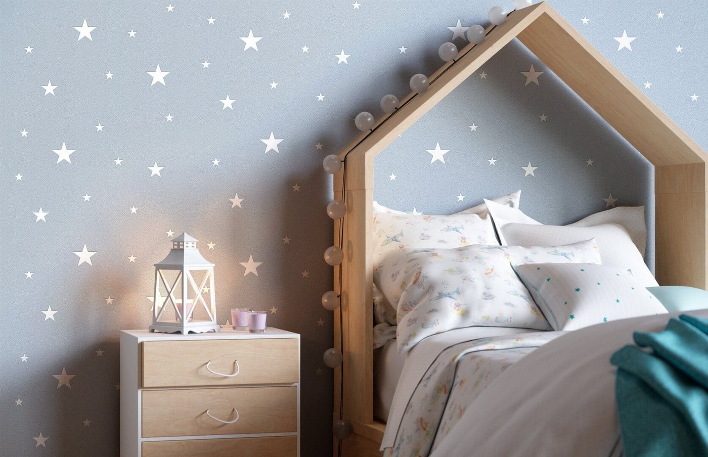 Newroom Vliestapete Philippe Tapete Kinderzimmertapete Fluoreszierend,Sterne,Himmel, Blau Tapete Kind Fluoreszierend - Kinderzimmertapete Sternchen Weiß Graublau Baby Teenager Sterne Himmel für Kinderzimmer Babyzimmer Kinderstube, Sternchen