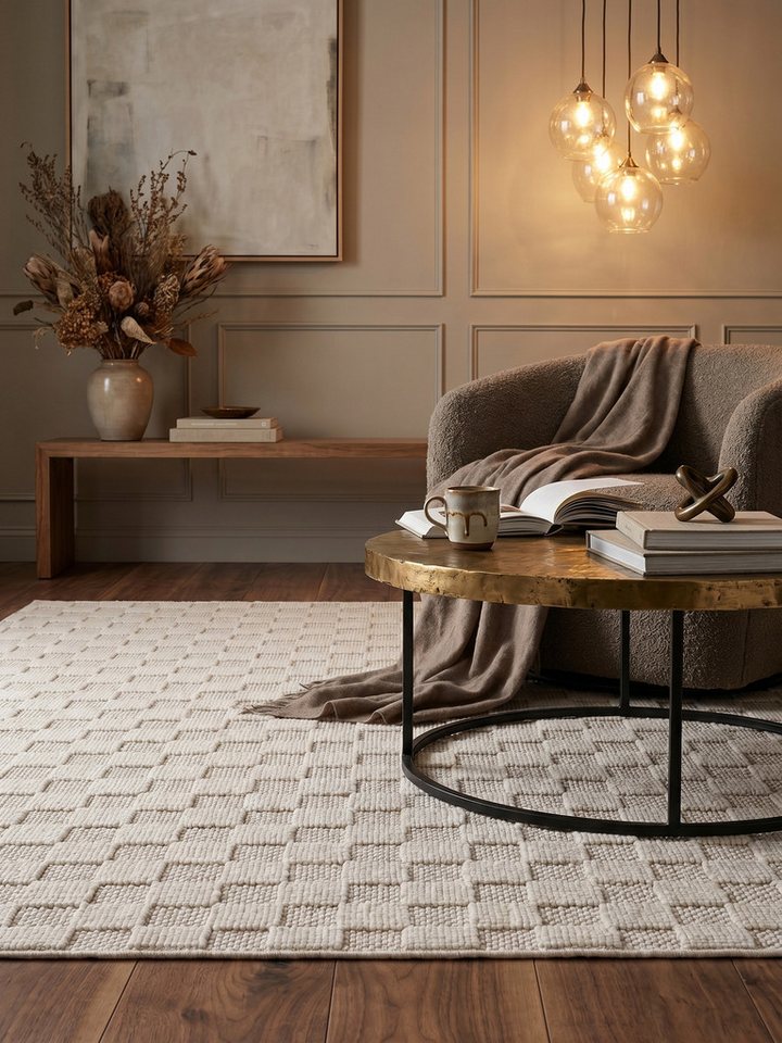KADIMA DESIGN Teppich LANGAU Flachgewebe Schachbrett Grafisch Modern Wohnzimmer Waschbar, Läufer, Höhe: 7 mm, Creme, 60x110 cm, Saugroboter OEKO-TEX Fußbodenheizung Strapazierfähig
