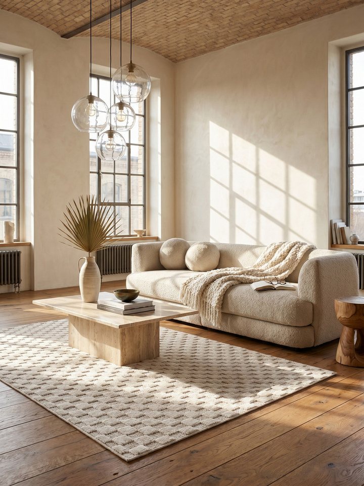 KADIMA DESIGN Teppich LANGAU Flachgewebe Schachbrett Grafisch Modern Wohnzimmer Waschbar, Läufer, Höhe: 7 mm, Creme, 60x110 cm, Saugroboter OEKO-TEX Fußbodenheizung Strapazierfähig Bild 2
