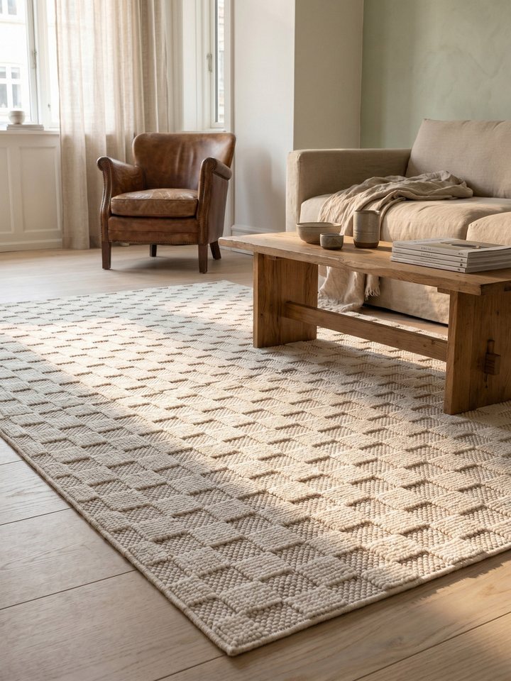 KADIMA DESIGN Teppich LANGAU Flachgewebe Schachbrett Grafisch Modern Wohnzimmer Waschbar, Läufer, Höhe: 7 mm, Creme, 60x110 cm, Saugroboter OEKO-TEX Fußbodenheizung Strapazierfähig Bild 3