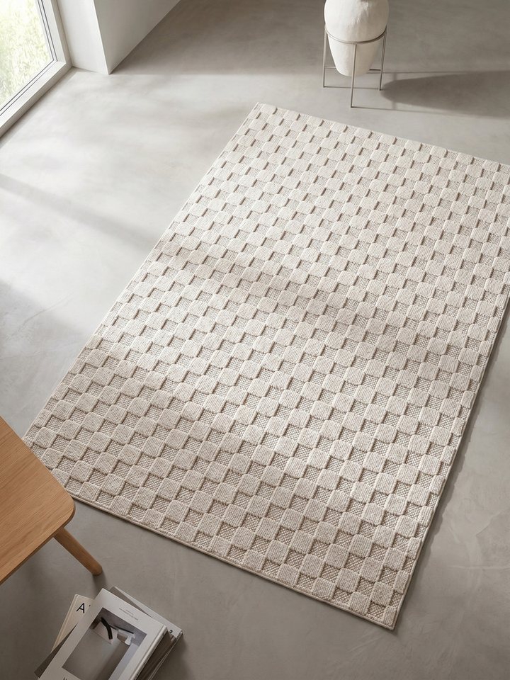 KADIMA DESIGN Teppich LANGAU Flachgewebe Schachbrett Grafisch Modern Wohnzimmer Waschbar, Läufer, Höhe: 7 mm, Creme, 60x110 cm, Saugroboter OEKO-TEX Fußbodenheizung Strapazierfähig Bild 5