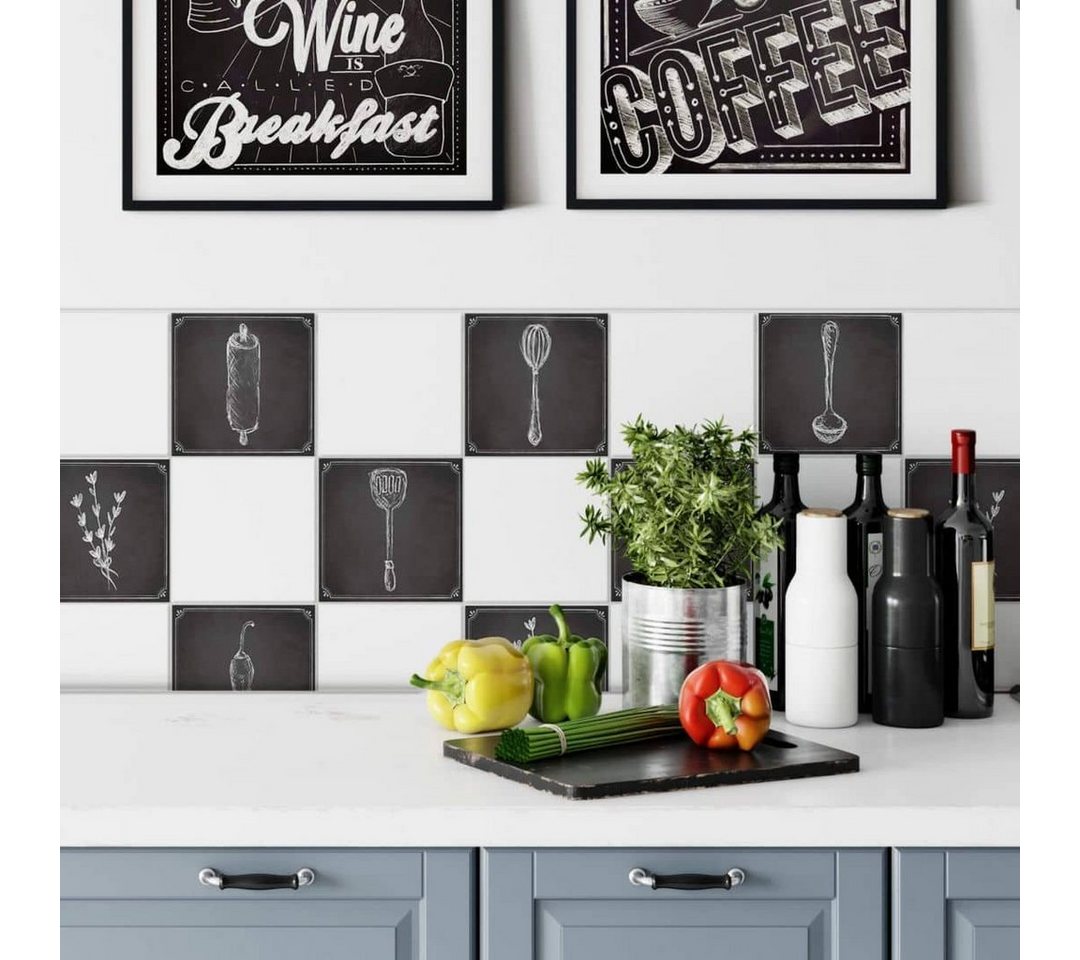 K&L Wall Art Fliesenaufkleber Klebefliese Sticker Set selbstklebend Matt Tafel Schwarz Vintage Küche