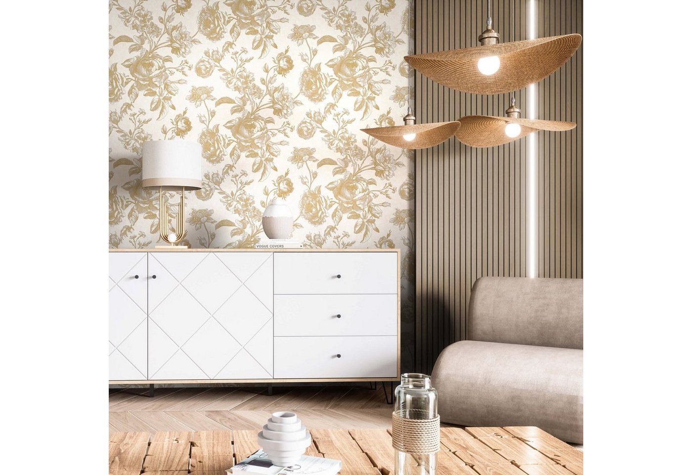 Newroom Vliestapete Mirta Beige Tapete Blumentapete Blumen,Rosen,Beton, Beige Tapete Floral Blumen - Blumentapete Gold Creme Romantisch Modern Rosen Beton für Wohnzimmer Schlafzimmer Flur, modern Bild 2
