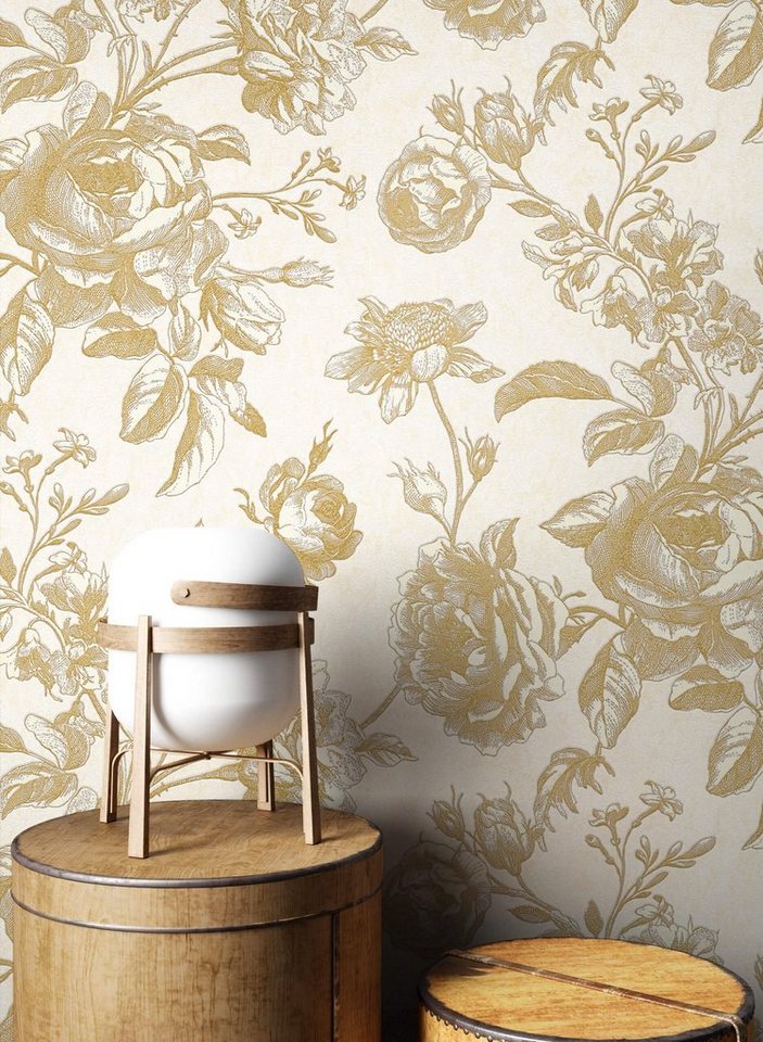 Newroom Vliestapete Mirta Beige Tapete Blumentapete Blumen,Rosen,Beton, Beige Tapete Floral Blumen - Blumentapete Gold Creme Romantisch Modern Rosen Beton für Wohnzimmer Schlafzimmer Flur, modern Bild 3