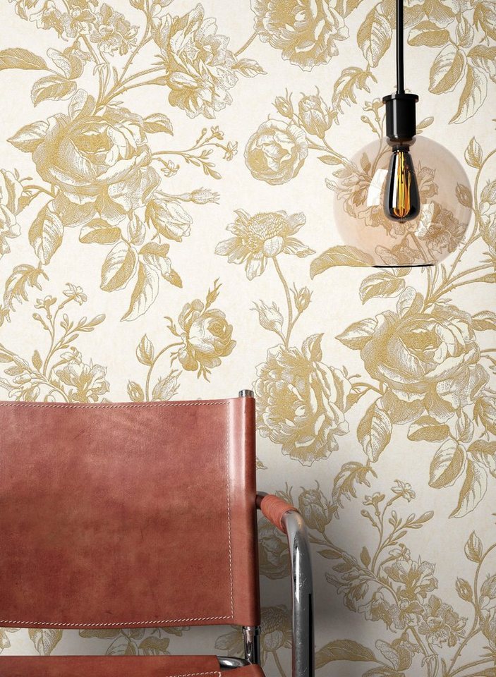 Newroom Vliestapete Mirta Beige Tapete Blumentapete Blumen,Rosen,Beton, Beige Tapete Floral Blumen - Blumentapete Gold Creme Romantisch Modern Rosen Beton für Wohnzimmer Schlafzimmer Flur, modern Bild 4