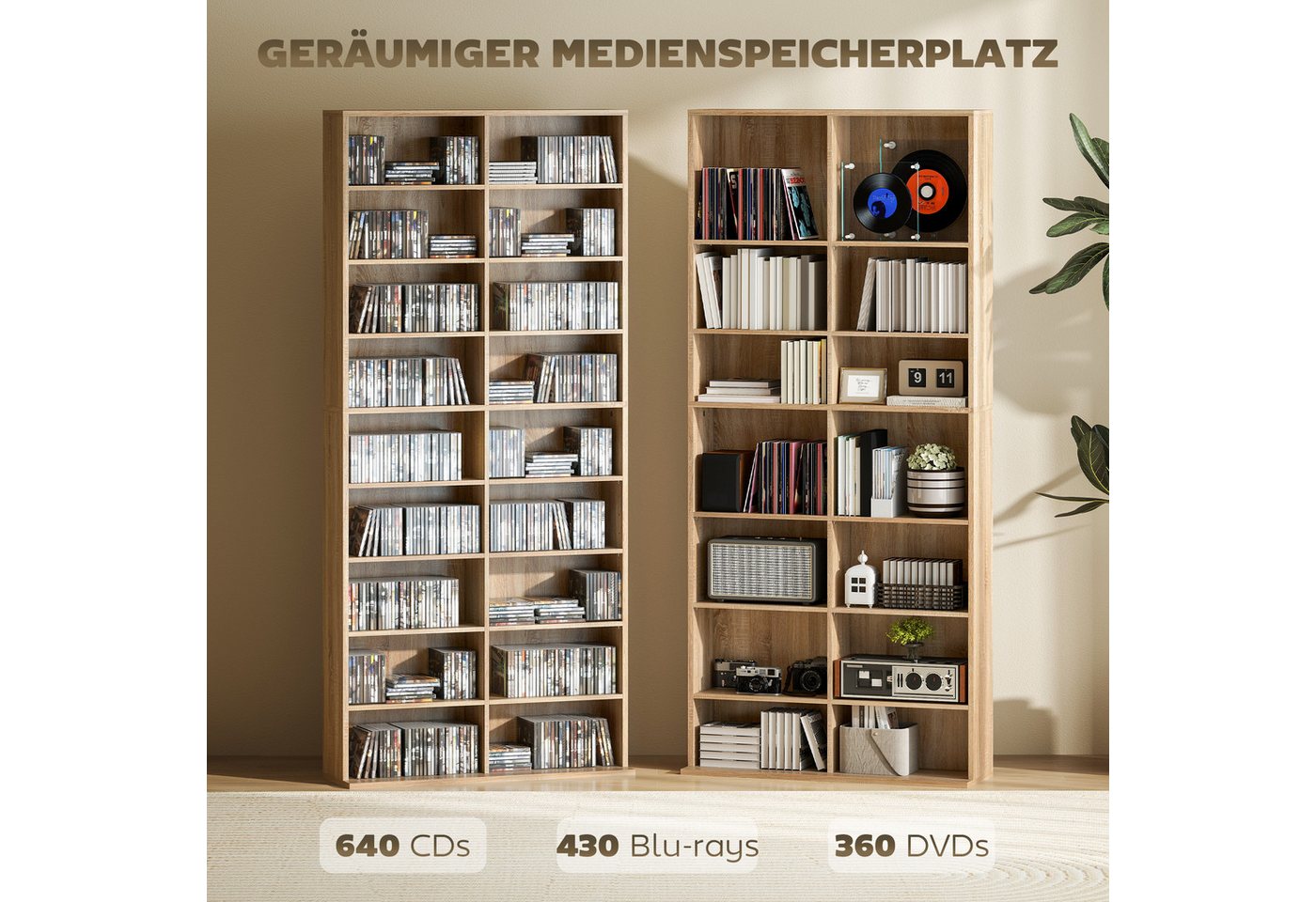 HOMCOM CD-Regal CD-Ständer mit verstellbaren Regal Bücherregal Medienregal, CD DVD Blueray Regal 1-tlg., fürs Wohnzimmer 24 x 175 cm Natur