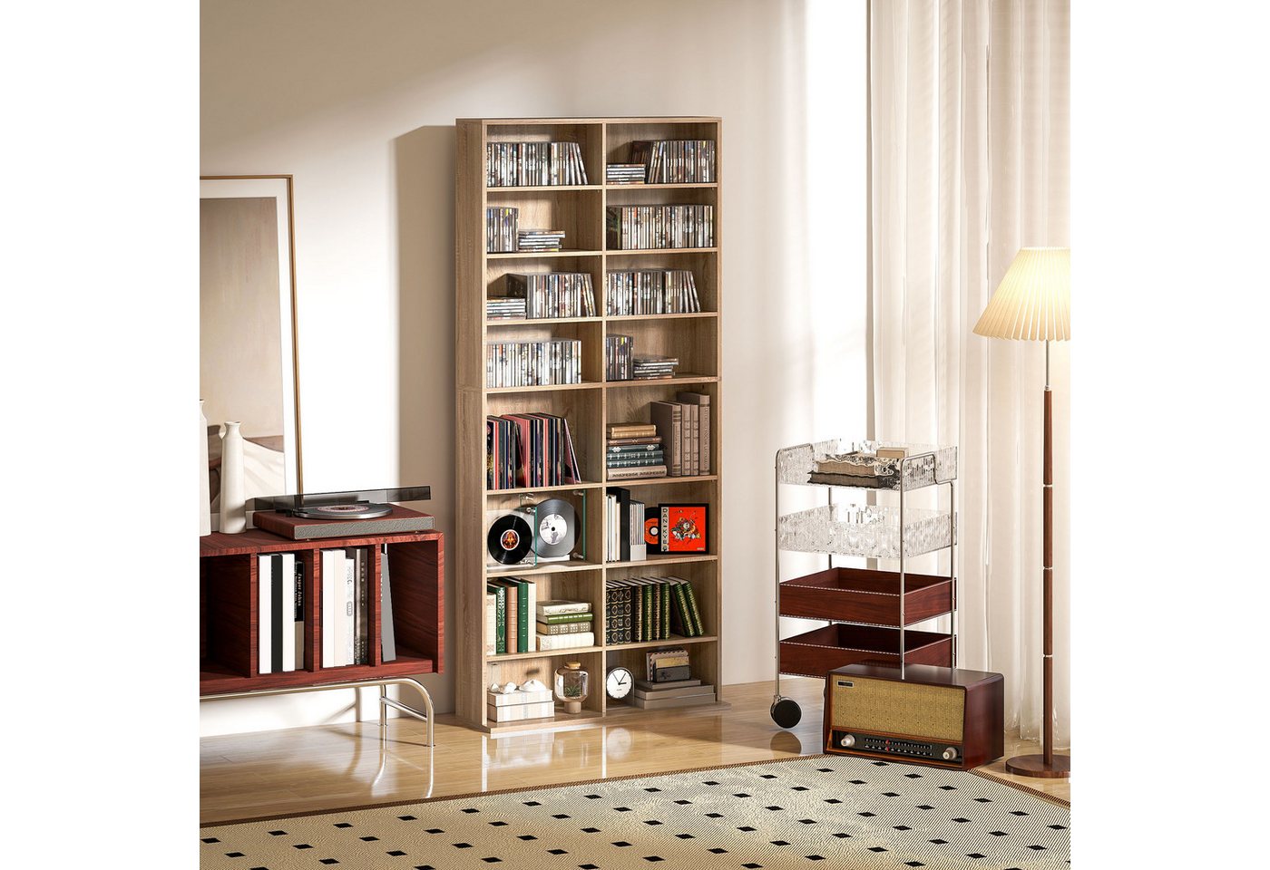 HOMCOM CD-Regal CD-Ständer mit verstellbaren Regal Bücherregal Medienregal, CD DVD Blueray Regal 1-tlg., fürs Wohnzimmer 24 x 175 cm Natur Bild 2