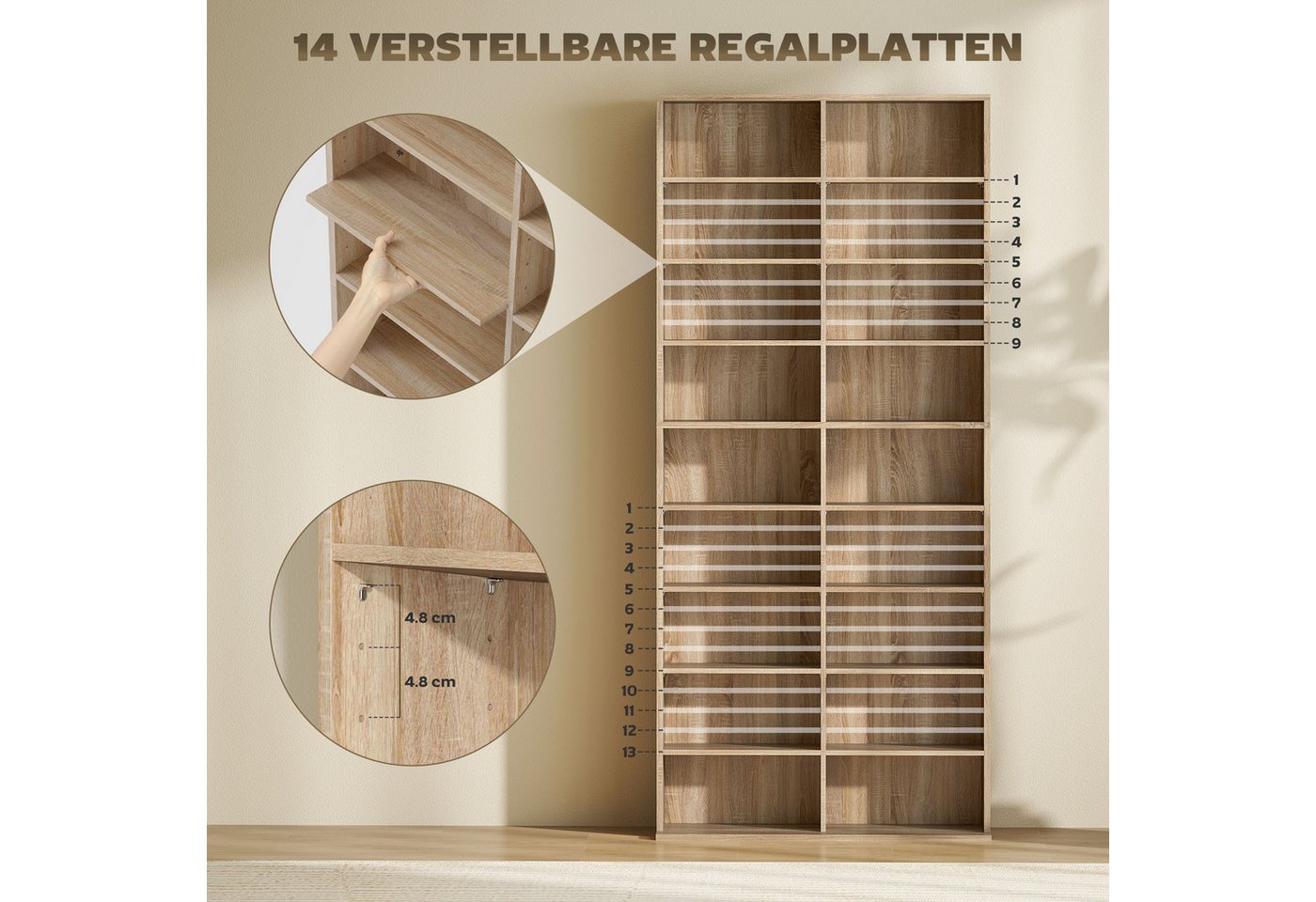 HOMCOM CD-Regal CD-Ständer mit verstellbaren Regal Bücherregal Medienregal, CD DVD Blueray Regal 1-tlg., fürs Wohnzimmer 24 x 175 cm Natur Bild 3