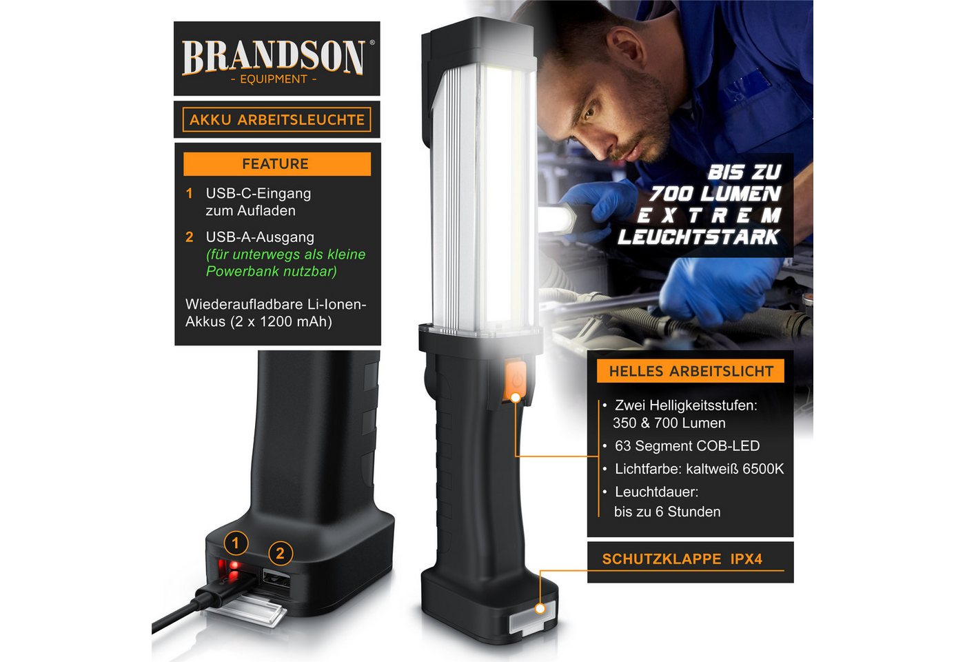 Brandson LED Arbeitsleuchte Akku Werkstattlampe mit Haken & Magnet, 700 Lumen, 2 Helligkeitsstufen, Ein-/Ausschalter, mehrere Helligkeitsstufen, LED fest integriert, kaltweiß, IPX4 Taschenlampe, COB-LED, ergonomischer Griff, USB Powerbankfunktion