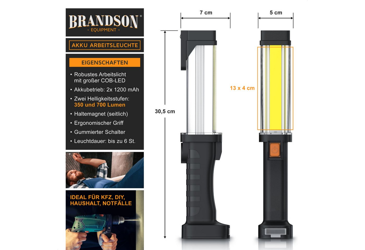 Brandson LED Arbeitsleuchte Akku Werkstattlampe mit Haken & Magnet, 700 Lumen, 2 Helligkeitsstufen, Ein-/Ausschalter, mehrere Helligkeitsstufen, LED fest integriert, kaltweiß, IPX4 Taschenlampe, COB-LED, ergonomischer Griff, USB Powerbankfunktion Bild 4