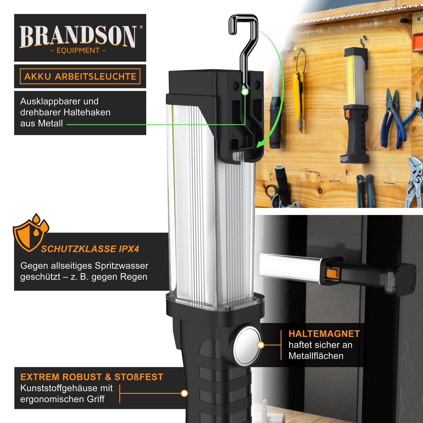 Brandson LED Arbeitsleuchte Akku Werkstattlampe mit Haken & Magnet, 700 Lumen, 2 Helligkeitsstufen, Ein-/Ausschalter, mehrere Helligkeitsstufen, LED fest integriert, kaltweiß, IPX4 Taschenlampe, COB-LED, ergonomischer Griff, USB Powerbankfunktion Bild 5