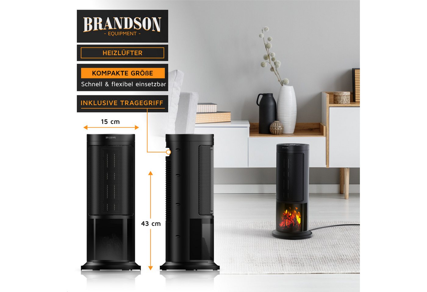 Brandson Heizlüfter mit Kaminfeuer-Effekt, Fernbedienung, Heizgerät, Timer, Oszillation, 1800 W, kompakt, Preisträger 2025, Thermostat, Energiesparend, Badezimmer