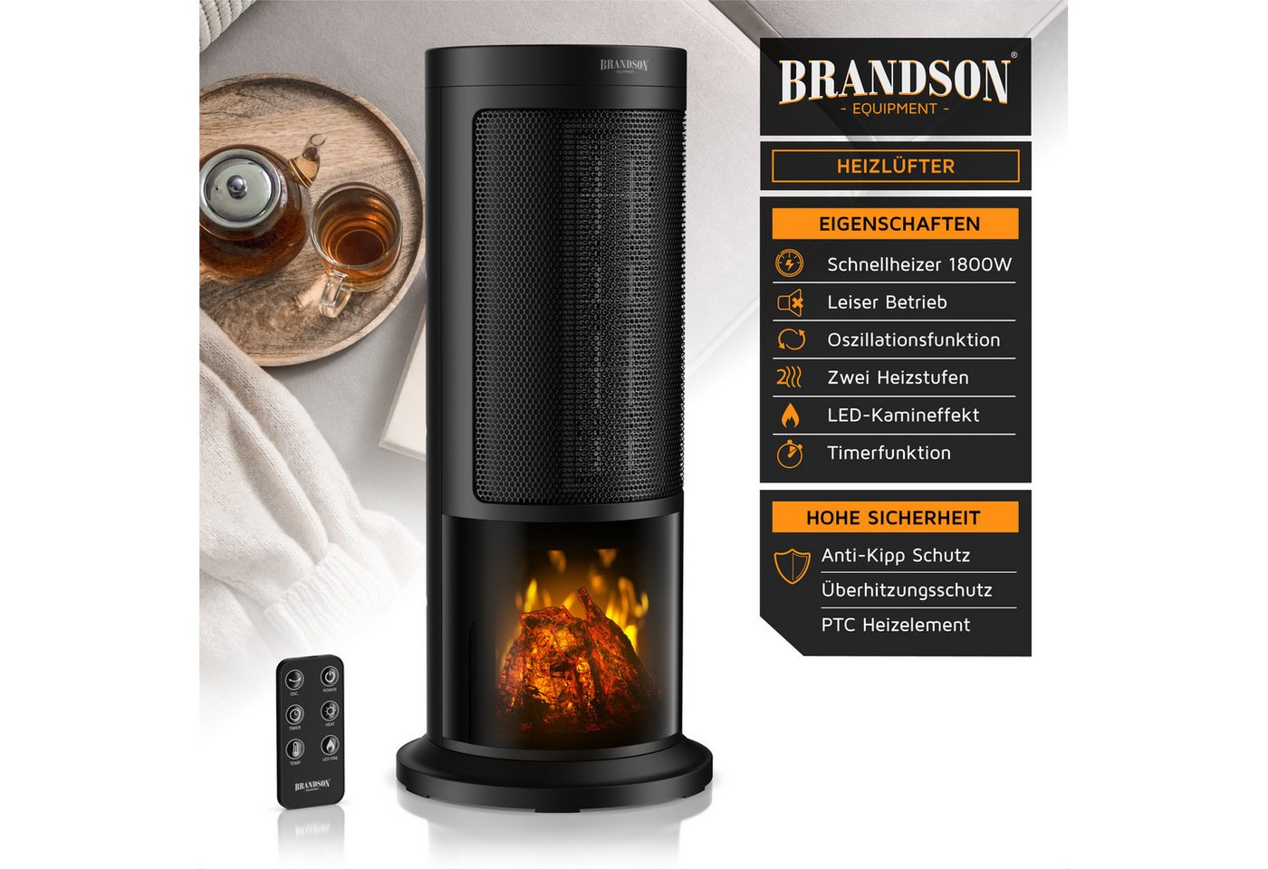 Brandson Heizlüfter mit Kaminfeuer-Effekt, Fernbedienung, Heizgerät, Timer, Oszillation, 1800 W, kompakt, Preisträger 2025, Thermostat, Energiesparend, Badezimmer Bild 3