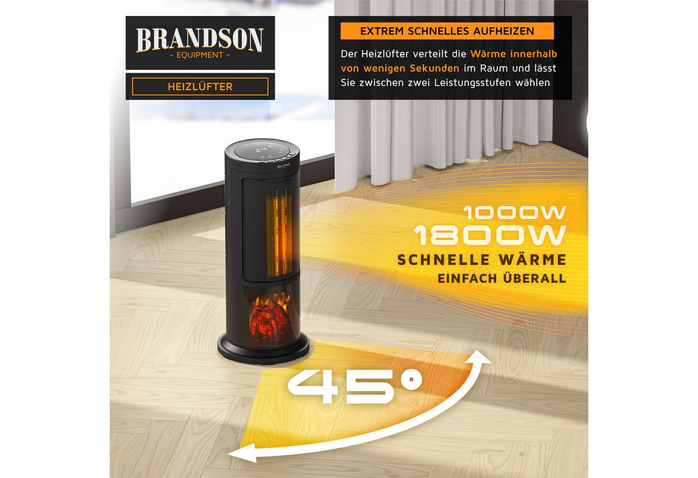 Brandson Heizlüfter mit Kaminfeuer-Effekt, Fernbedienung, Heizgerät, Timer, Oszillation, 1800 W, kompakt, Preisträger 2025, Thermostat, Energiesparend, Badezimmer Bild 4