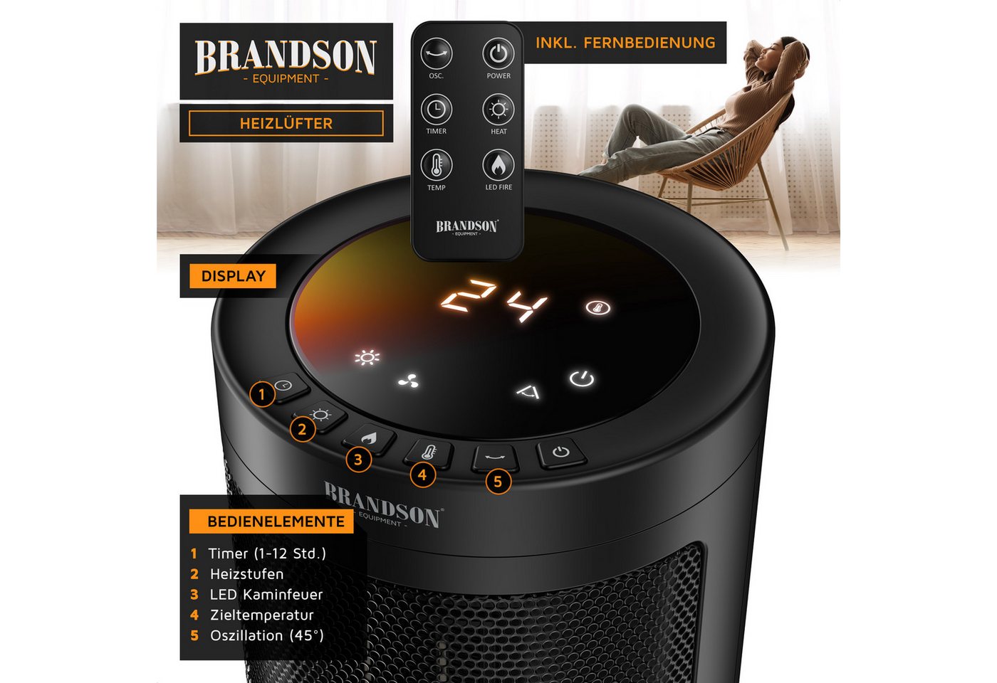Brandson Heizlüfter mit Kaminfeuer-Effekt, Fernbedienung, Heizgerät, Timer, Oszillation, 1800 W, kompakt, Preisträger 2025, Thermostat, Energiesparend, Badezimmer Bild 5
