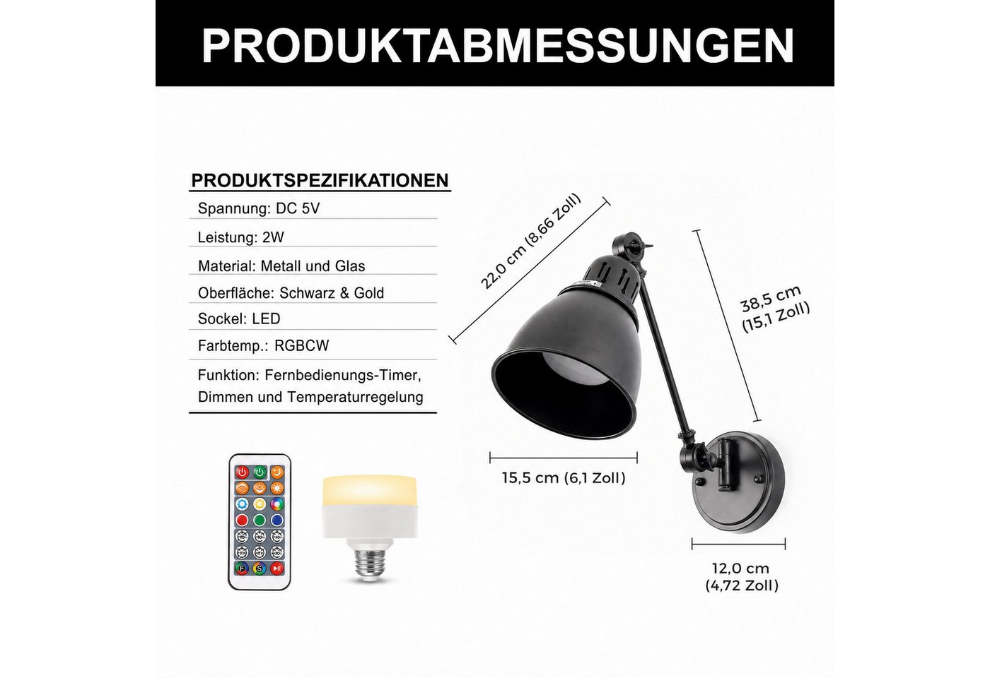 LOHAS-LED Wandleuchte Wandlampe 2er Set mit E26 Akku-Glühbirne, einarmige Metall-Wandleuchte, LED wechselbar, Warmweiß bis Kaltweiß mit RGB-Farbwechsel, RGBCW Farbwechsel, Fernbedienung, kabellos USB-C Aufladung Bild 4