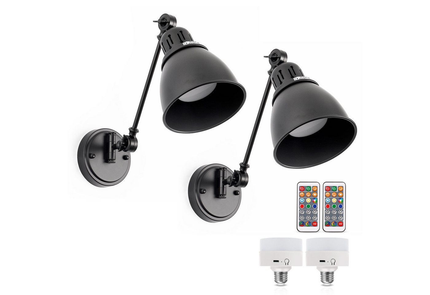 LOHAS-LED Wandleuchte Wandlampe 2er Set mit E26 Akku-Glühbirne, einarmige Metall-Wandleuchte, LED wechselbar, Warmweiß bis Kaltweiß mit RGB-Farbwechsel, RGBCW Farbwechsel, Fernbedienung, kabellos USB-C Aufladung Bild 5