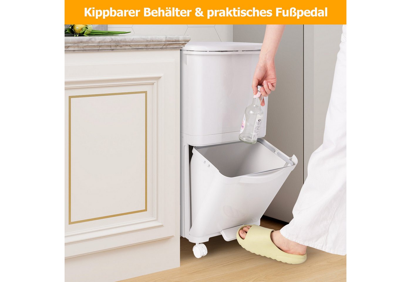KOMFOTTEU Mülltonnenbox, Haushaltsmülleimer mit 2 Ebenen & 4 Universalrollen