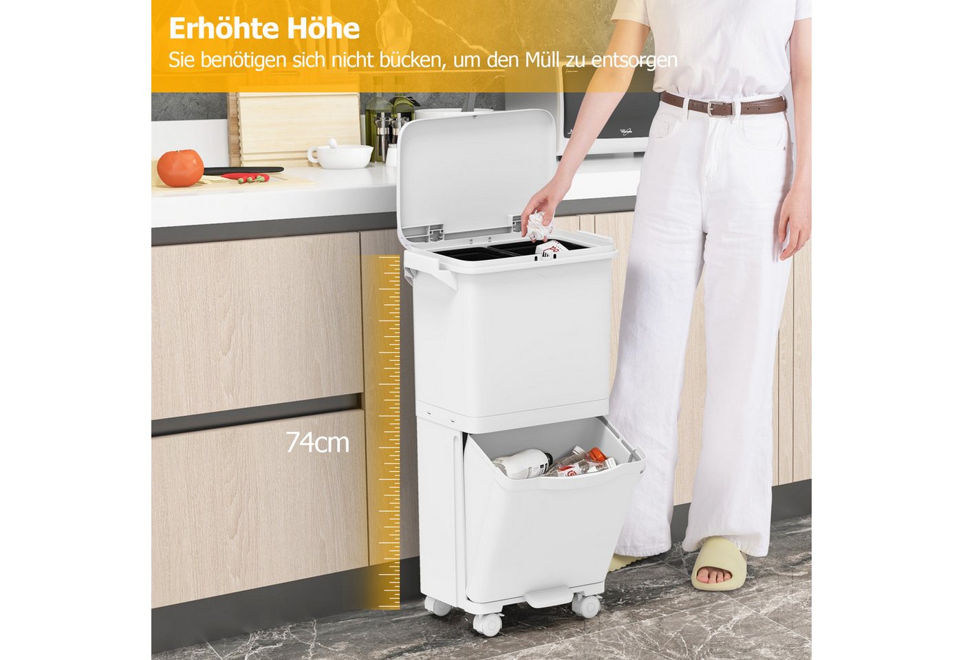 KOMFOTTEU Mülltonnenbox, Haushaltsmülleimer mit 2 Ebenen & 4 Universalrollen Bild 2