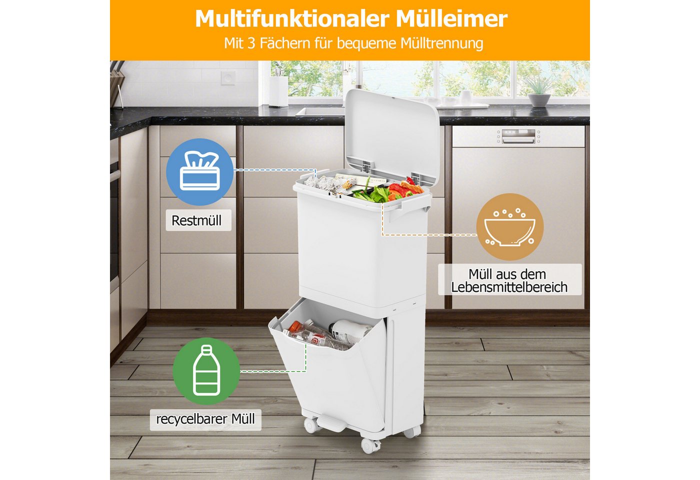 KOMFOTTEU Mülltonnenbox, Haushaltsmülleimer mit 2 Ebenen & 4 Universalrollen Bild 3