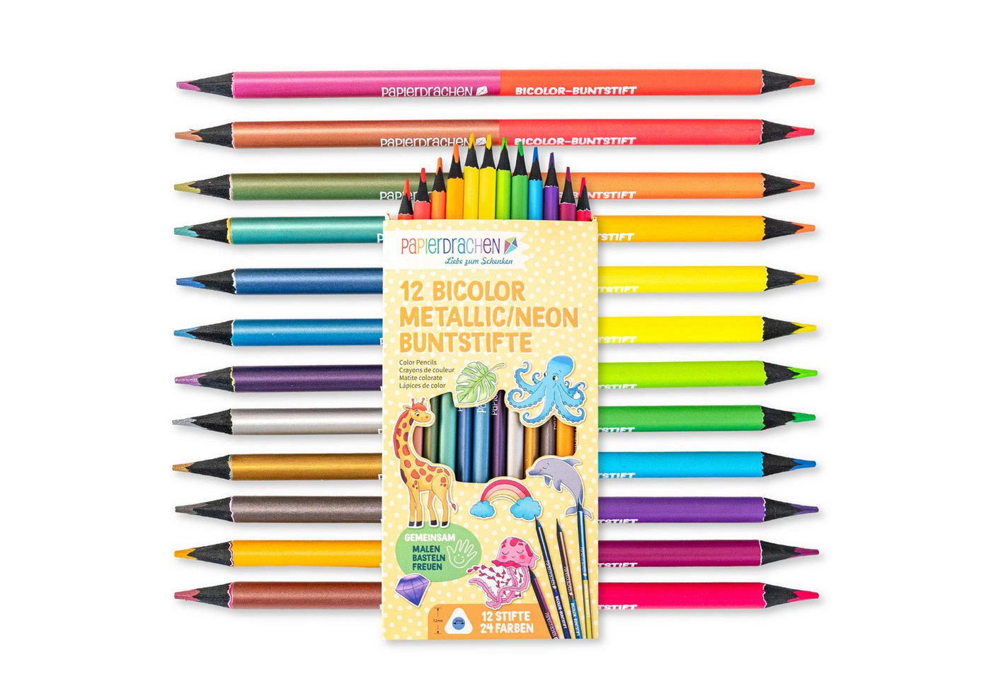 PAPIERDRACHEN Buntstift 12 Bicolor Buntstifte Metallic und Neon