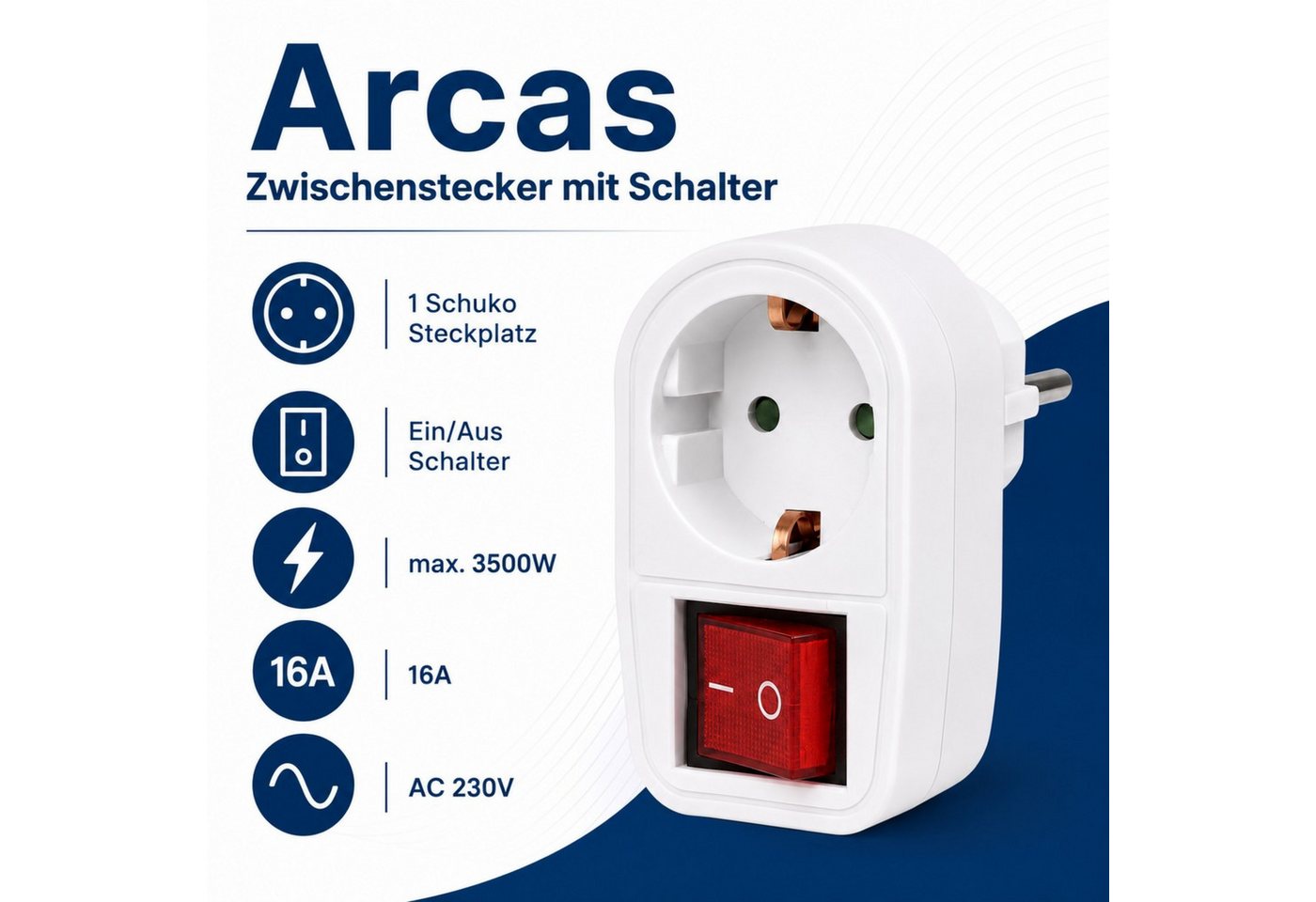 Arcas Schuko-Stecker Arcas Schuko Zwischenstecker mit Schalter, 3500W, 16A, Weiß