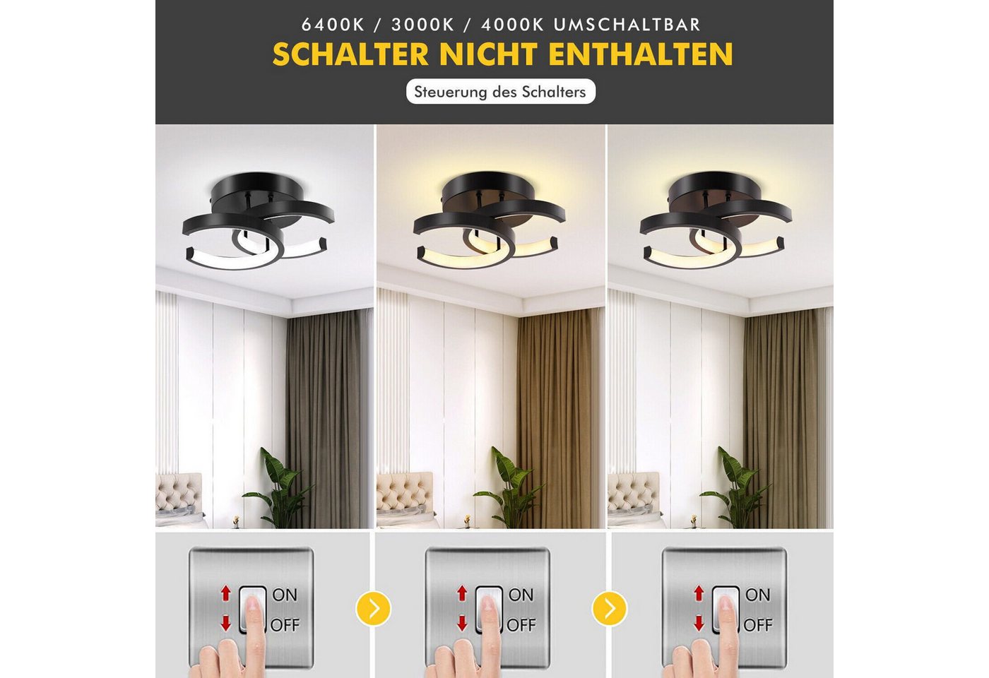 Toomoke Deckenleuchten 3-Farbige Decken-Lampe Dimmbar LED Deckenleuchte, LED fest integriert, Warmweiß, Neutralweiß, Kaltweiß, Wohnzimmer Flur Eingang Bild 5