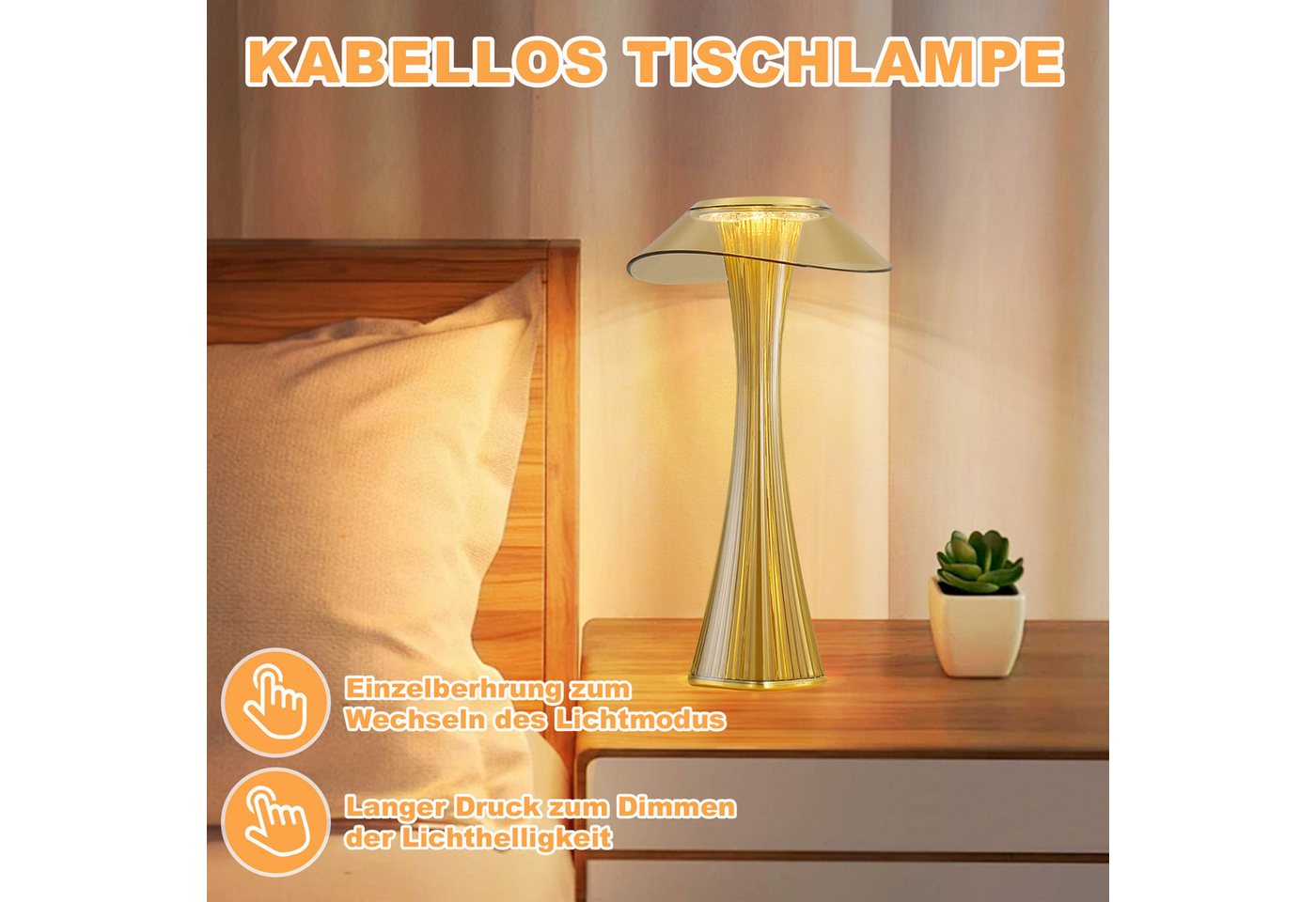 ZMH Nachttischlampe Akku,kabellose LED-Tischleuchte mit Touch-Dimmer, 3 Helligkeitsstufen, LED fest integriert, USB-aufladbar, dekorative Nachtleuchte für Schlafzimmer und Wohnzimmer Bild 4