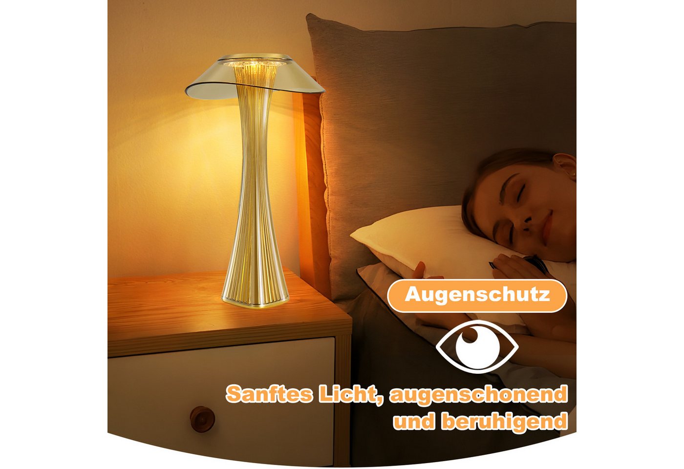 ZMH Nachttischlampe Akku,kabellose LED-Tischleuchte mit Touch-Dimmer, 3 Helligkeitsstufen, LED fest integriert, USB-aufladbar, dekorative Nachtleuchte für Schlafzimmer und Wohnzimmer Bild 5
