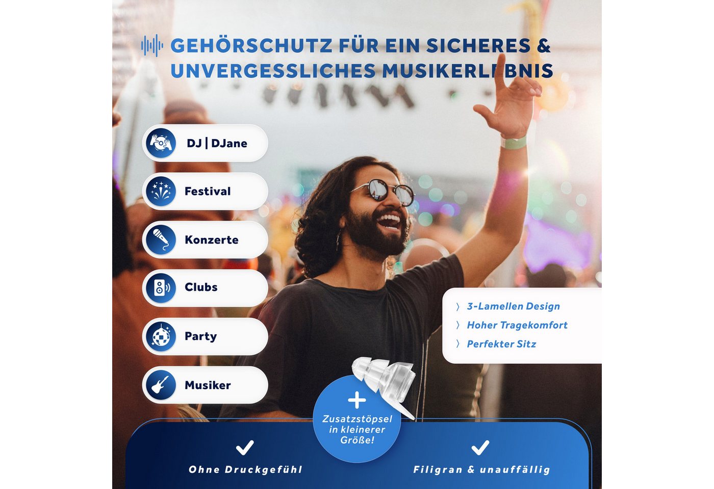 Schallwerk Gehörschutzstöpsel Music+ Konzert-Ohrstöpsel mit Filter für Festival, Party und Musiker, SNR 18 dB nach EN 352-2:2020, 2 Größen, wiederverwendbar, mit Alu-Dose