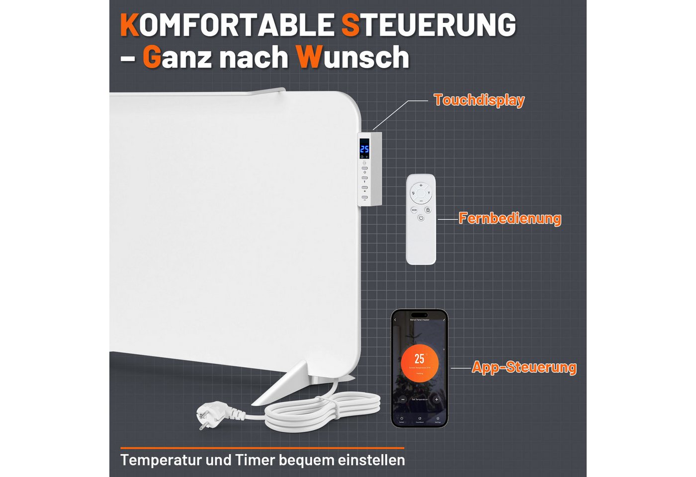 Clanmacy Infrarotheizung Infrarotheizung 450W WLAN Badheizung Thermostat Handtuchhalter Weiß