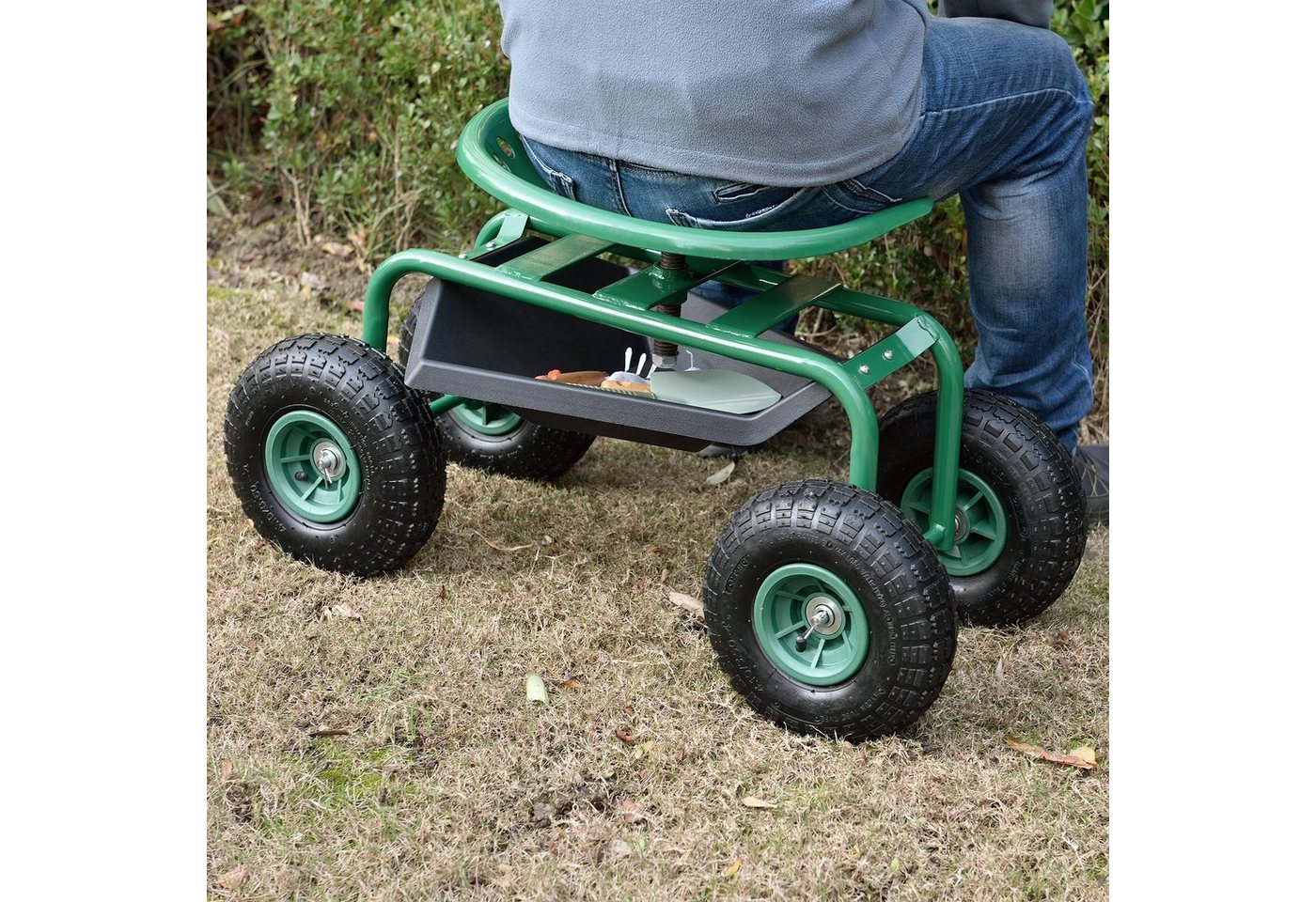pro.tec Schubkarre, Fahrbarer Gartensitz bis 135 kg Rollsitz 81 x 44,5 x 54 cm Grün Bild 5