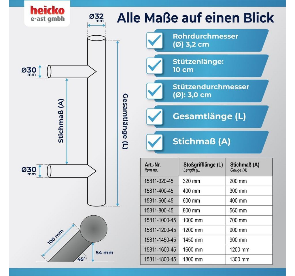 heicko e-ast GmbH Stoßgriff Haustürgriff Edelstahl Stoßgriff mit 45° Stützen Ø 30 mm Bild 5