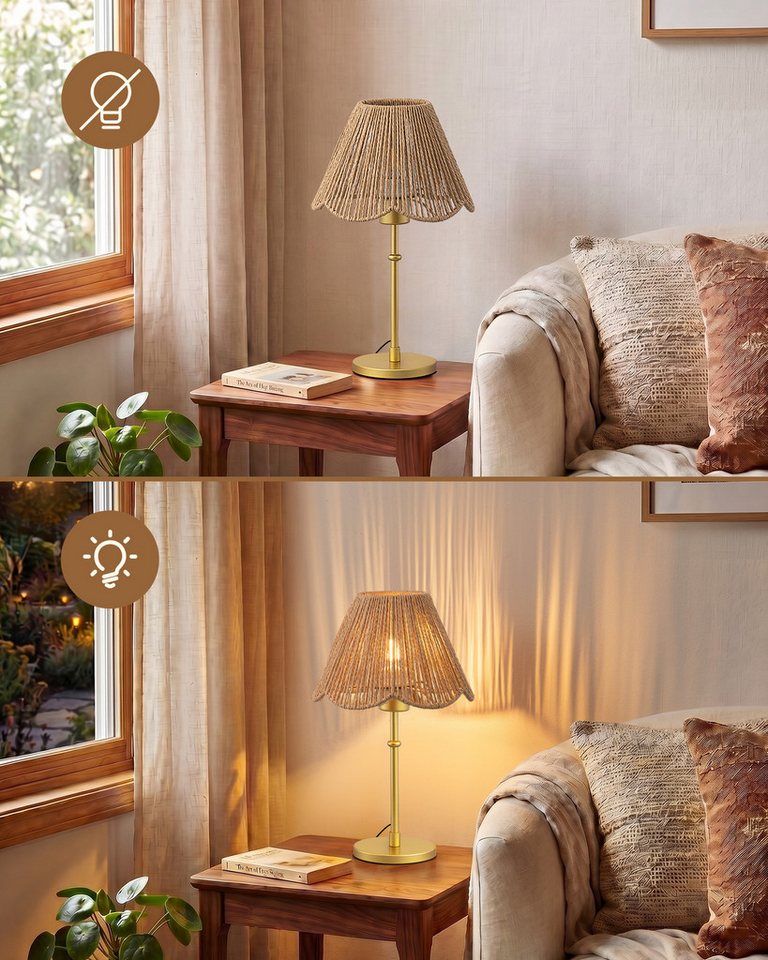 EDISHINE Nachttischlampe EDISHINE Nachttischlampe mit handgeflochtenem Papierseil-Schirm, LED wechselbar, Warmweiß, Gold Inklusive 4W LED mit 2700K Warmweiß