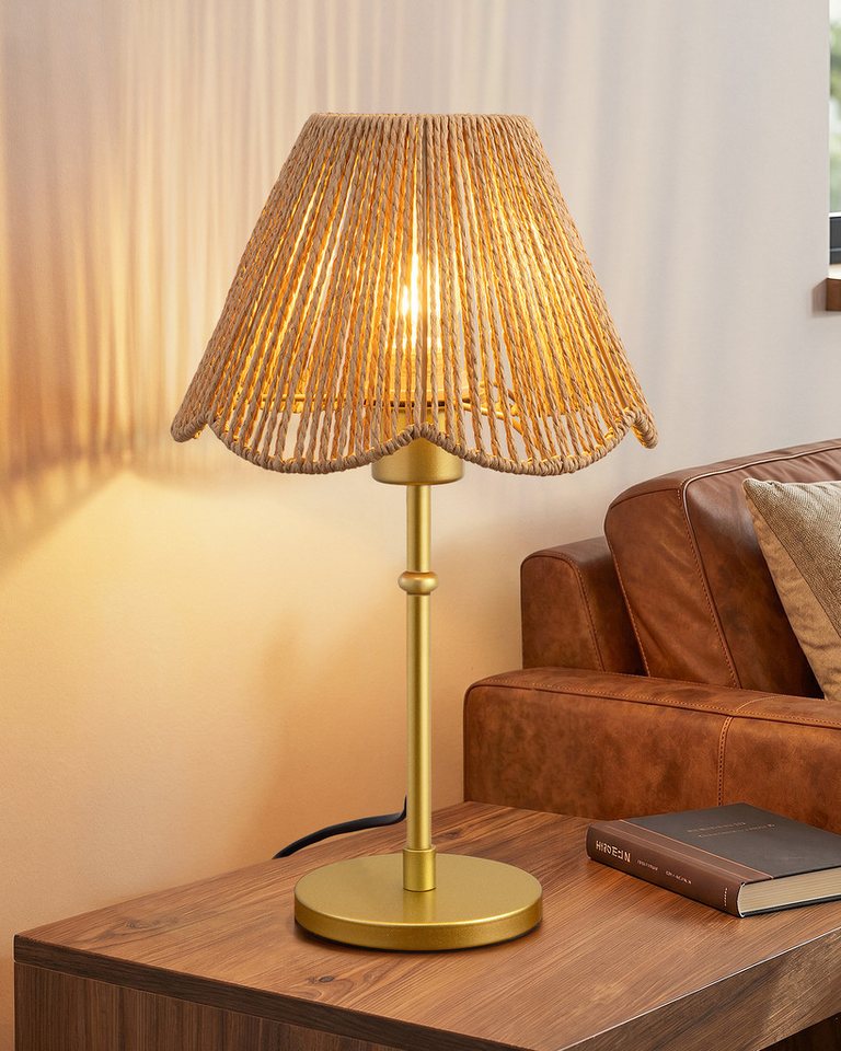 EDISHINE Nachttischlampe EDISHINE Nachttischlampe mit handgeflochtenem Papierseil-Schirm, LED wechselbar, Warmweiß, Gold Inklusive 4W LED mit 2700K Warmweiß Bild 2