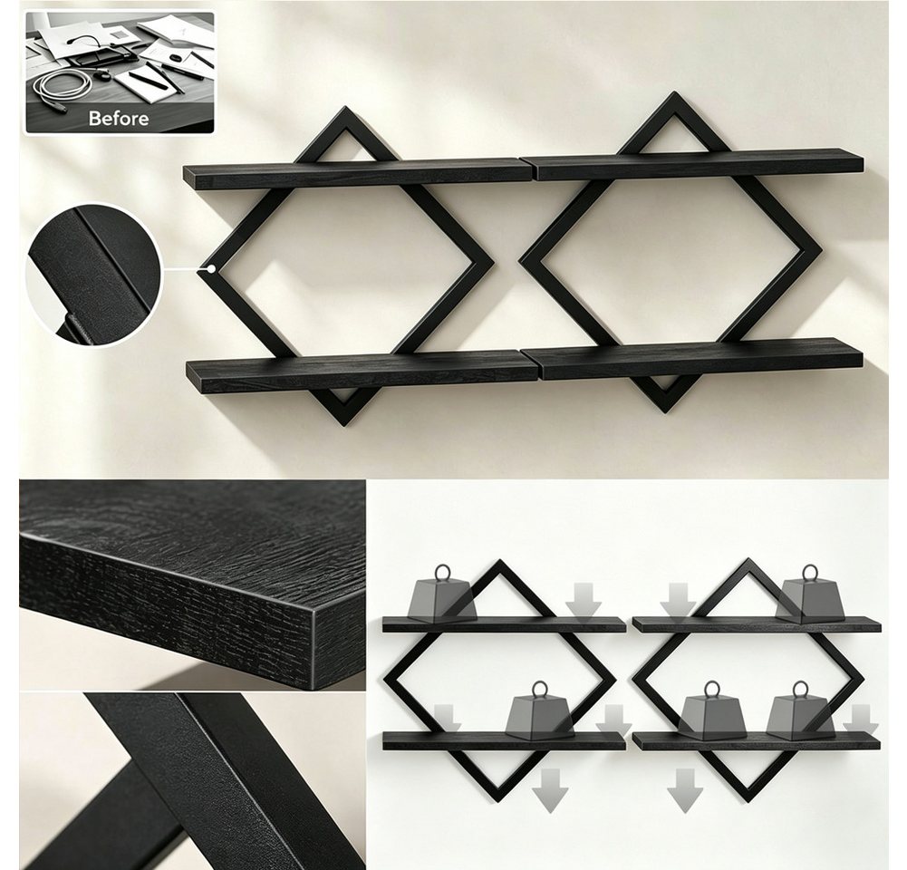FANNOU Wandregal Generisch, Rautenförmiges Schweberegal mit 2 Ebenen, Holz & Metall, 2-tlg., Hängeregale für Wohnzimmer, Schlafzimmer, Küche, Bad & Büro Bild 4