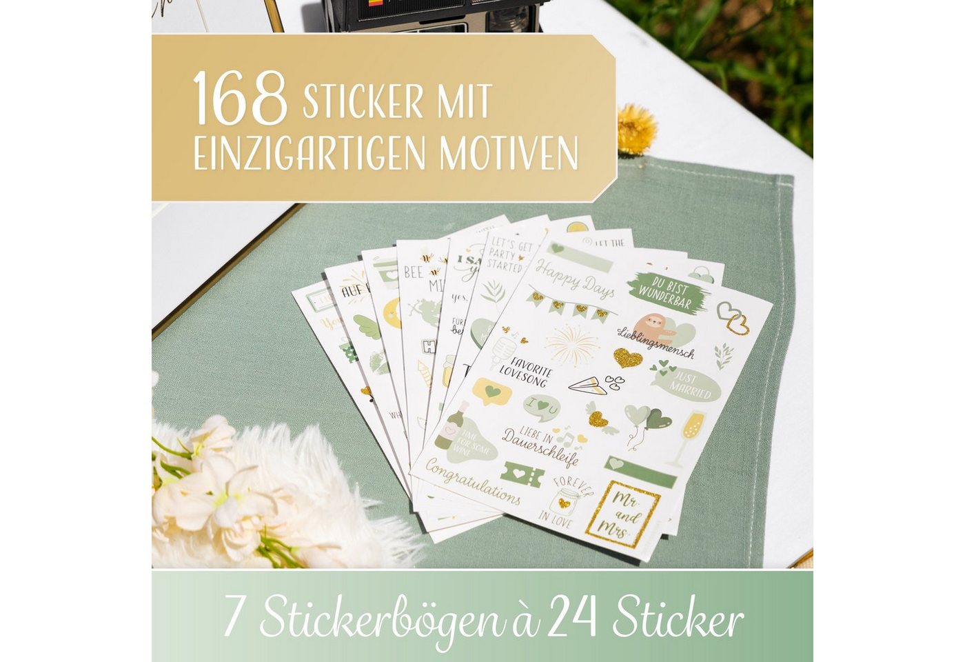 Amari Aufkleber Hochzeitssticker 168 Motive mit Goldglitzer für Gästebuch & Fotoalbum, (Stickerset, 168tlg), 7 Bögen A5, auch auf dunklem Papier sichtbar, gestaltet in Deutschland