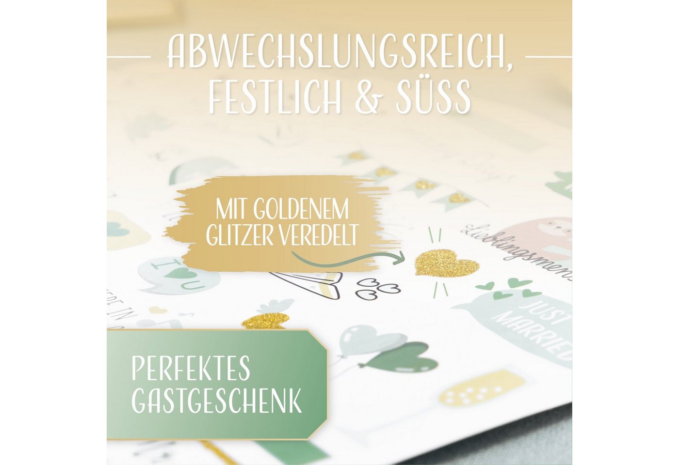 Amari Aufkleber Hochzeitssticker 168 Motive mit Goldglitzer für Gästebuch & Fotoalbum, (Stickerset, 168tlg), 7 Bögen A5, auch auf dunklem Papier sichtbar, gestaltet in Deutschland Bild 2